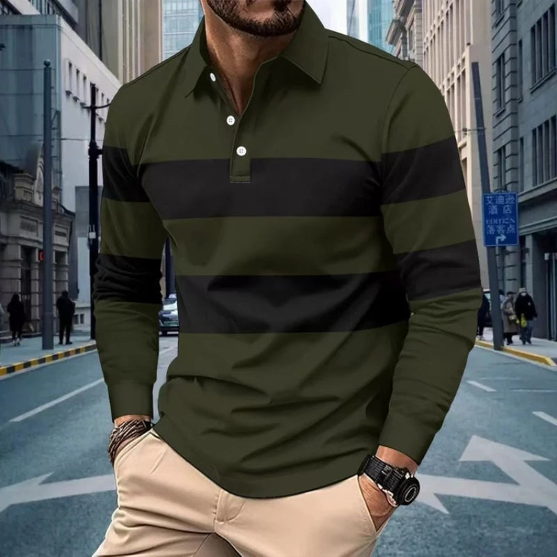 Long-Sleeve Polo Shirt Men's, Black White Stripe, Casual Spring Autumn, S-3XL