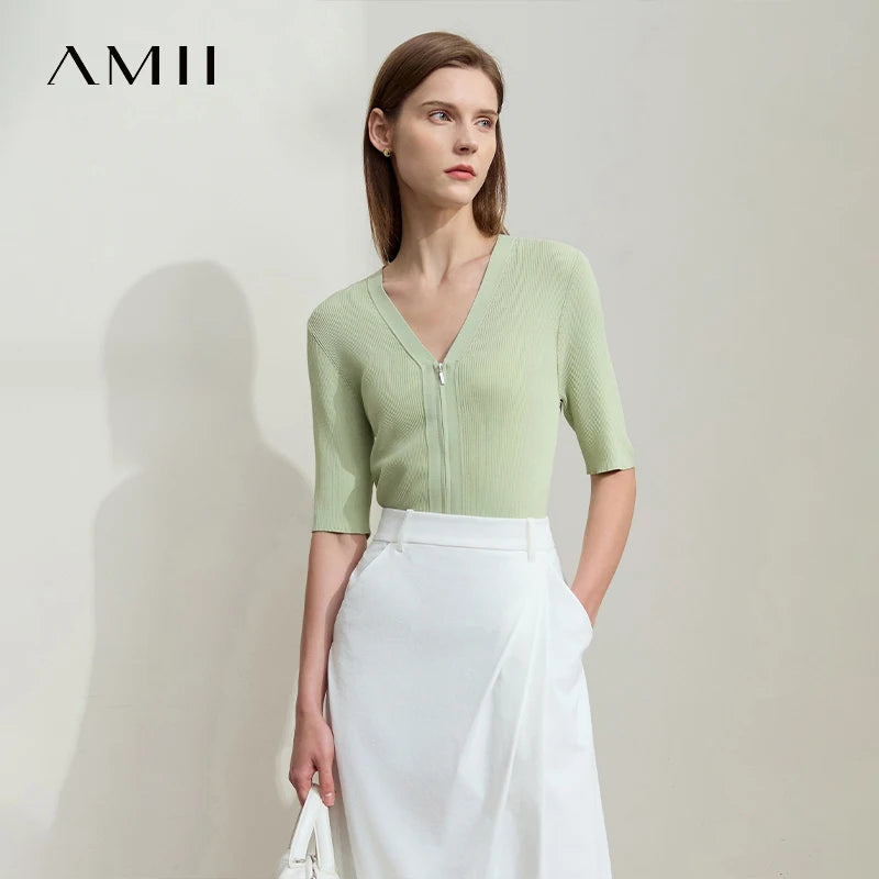 អាវក្រៅ AMII រដូវស្លឹកឈើជ្រុះឆើតឆាយសម្រាប់ស្ត្រីឆ្នាំ ២០២៦ ក V ដៃអាវពាក់កណ្តាលមានខ្សែរ៉ូតខ្លីសម្រាប់ស្ត្រី អាវយឺតស្តើងទាន់សម័យ 12542020