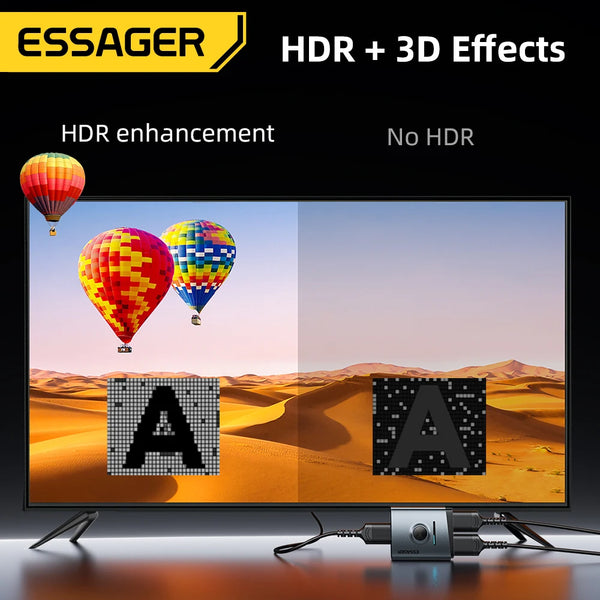 ឧបករណ៍ប្តូររូបភាព HD ពីរផ្លូវ Essager 2 ក្នុង 1 ចេញ 4K@60Hz ឧបករណ៍បំបែក HDMI ដែលឆបគ្នាសម្រាប់កុំព្យូទ័រ PS5 Xbox TV Box ម៉ូនីទ័រ ម៉ាស៊ីនបញ្ចាំង HDR 3D អាដាប់ទ័រ