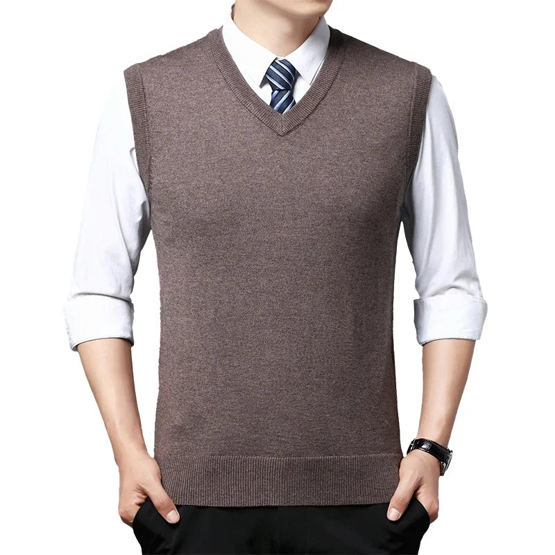 2026 Autumn Winter New Men's Solid Color V-neck Knitted Vest Casual Fashion Warm Sweater Versatile Top