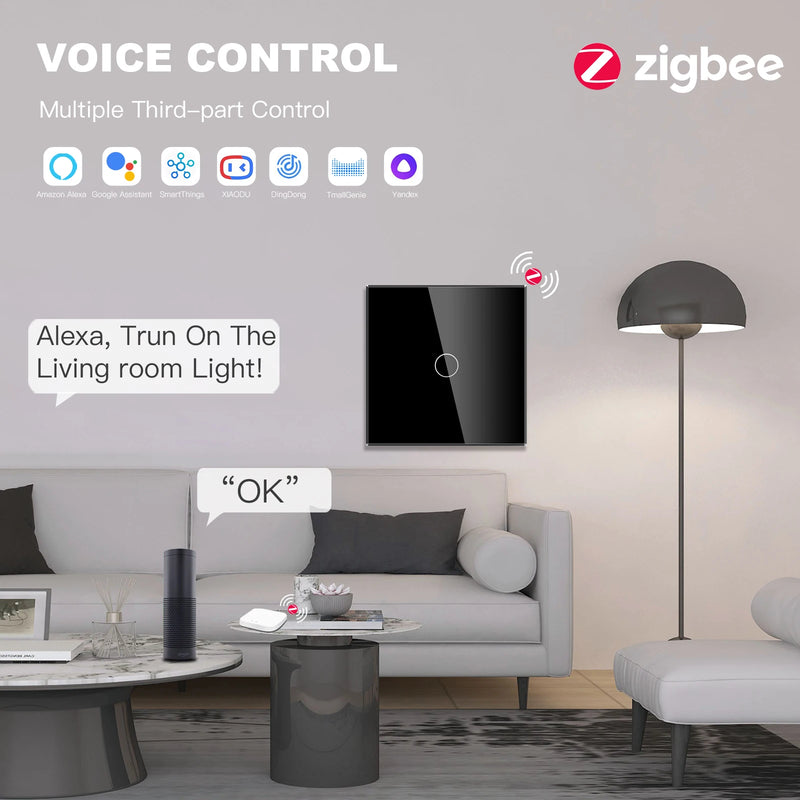 BSEED Zigbee Touch Switch 1/2/3Gang 2/3Way Smart Wall Switch Plus EU Socket Tuya Google Home App Alexa Control Need Neutral Wire