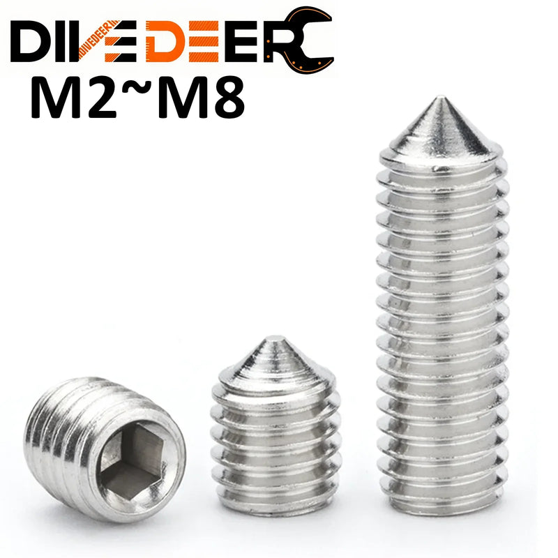 DIVEDEER 1~10pcs DIN914 Hex Hexagon Socket Allen Tapered End Cone Point Set Screw Grub Bolt M2 M2.5~M8 A2-70 304 Stainless Steel