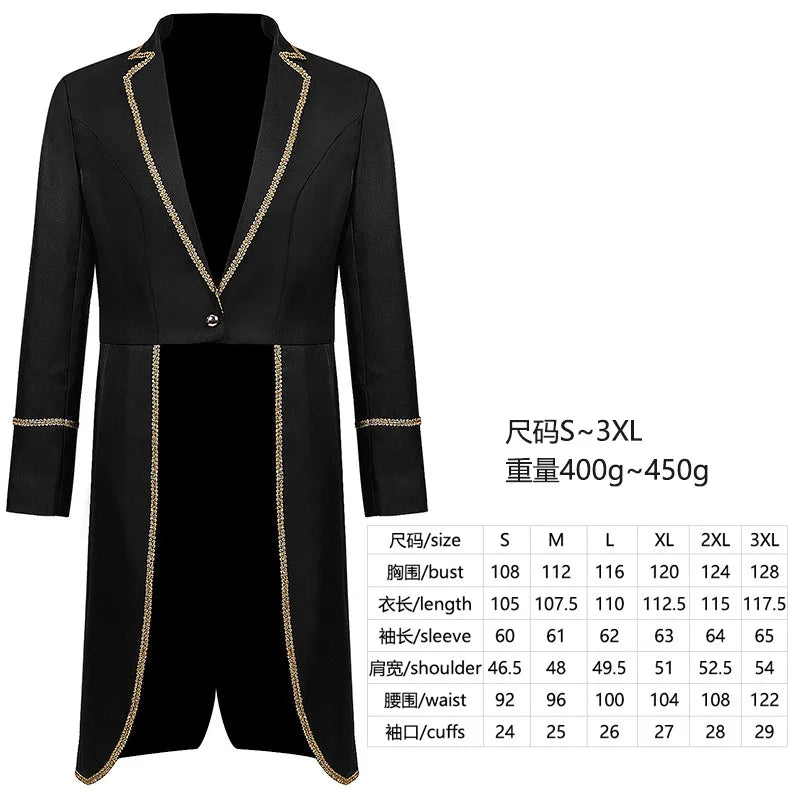 2026 Medieval Style Thin Men's Retro Mid-Length Punk Coat with Gold Trim Trench for Halloween Cosplay in Red Green Purple Jacket