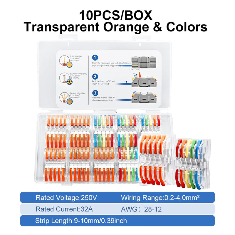 TOMZN 10PCS Lever Wire Connectors 5 In 5 Out Quick Splicing Terminal Blocks 32A 250V for 28-12AWG Solid Stranded Flexible Wires