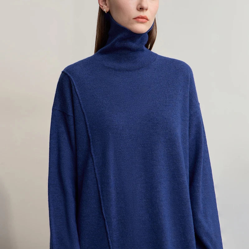 AMII Womens Dresses 2026 Winter New Turtleneck Long Sleeves Asymmetrical Dresses For Woman Knit Loose Ladies Clothing 12553015