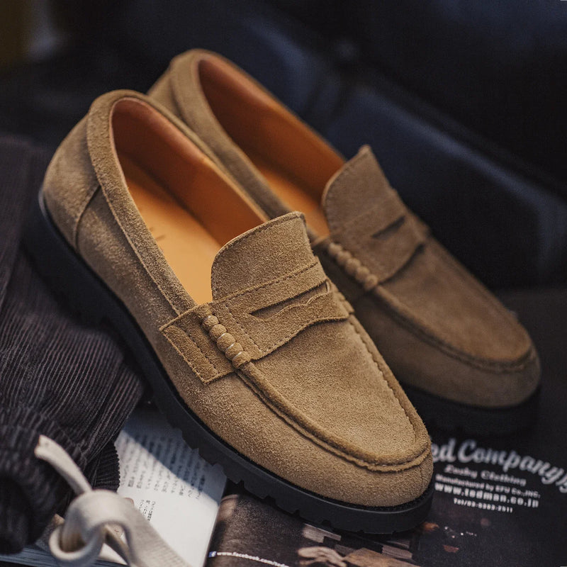 Maden Men's Vintage Brown Suede Cowhide Leather Penny Loafers Old Money Style Slip-On Shoes Dress Casual Low Top Boots for Fall