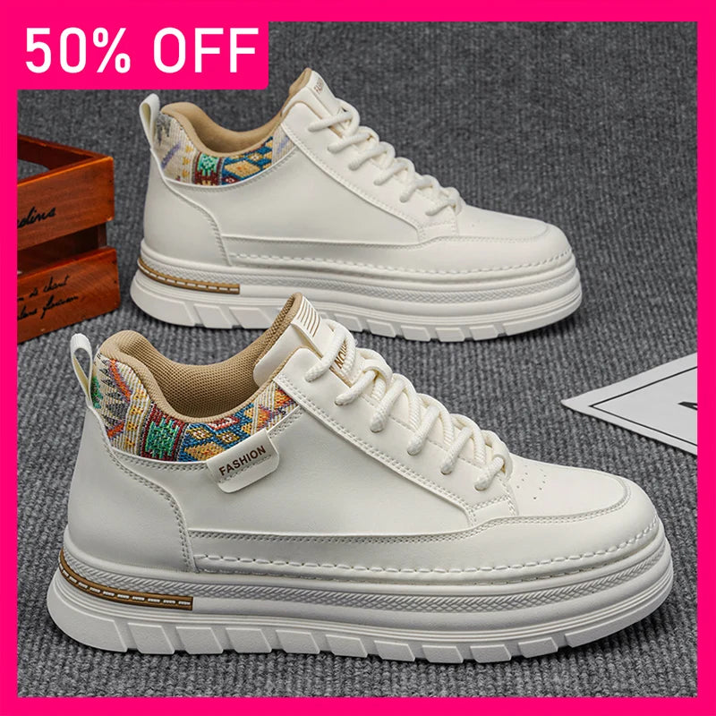 Men Sports Shoes Thick Soles Anti Slip Wear-resistant Retro Leather Breathable Fashionable Versatile Street Sports Walking Shoes