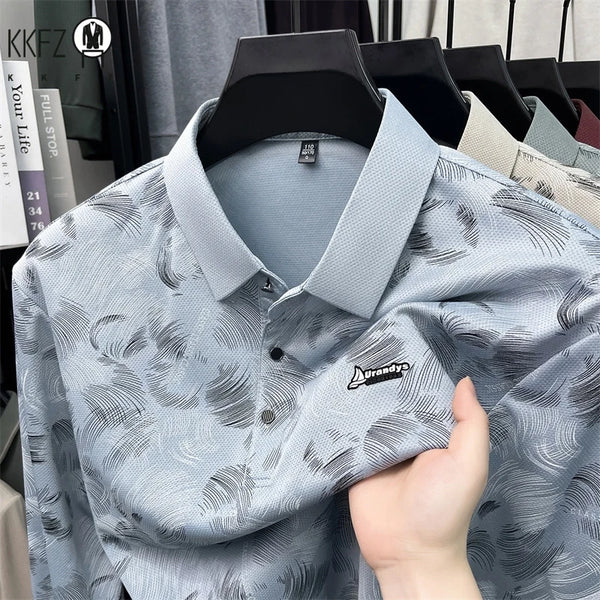 Mens Summer Short Sleeve Polo Top Feather Print Mesh Fabric Turn Down Collar Comfortable Business Casual Shirt