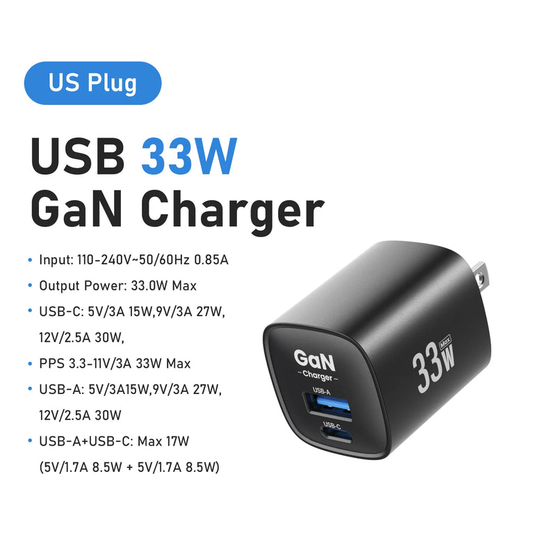 ឆ្នាំងសាក GaN 33W USB Type C ទំហំតូច ចល័ត PD QC PPS ឆ្នាំងសាកលឿន សម្រាប់ iPhone 17 16 15 14 Pro Max iPad Samsung S23 Ultra ឆ្នាំងសាក