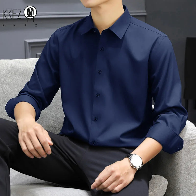Men's Business Casual Long Sleeve Shirt Solid Color Wrinkle Resistant Comfortable All-Season Versatile Solid Color Top