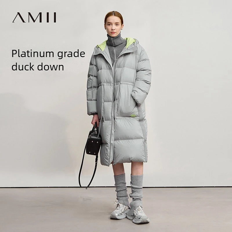 AMII Hooded Down Jacket 2026 Winter New Warm Zipper Long Sleeve 85% White Duck Down Coat Woman Loose Straight Long Coat 12524017