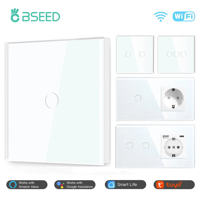 BSEED EU Standard Wifi Wall Switch 1/2/3Gang 1/2/3Way Smart Touch Light Switches Wall Socket Outlets Google Alexa Tuya Control