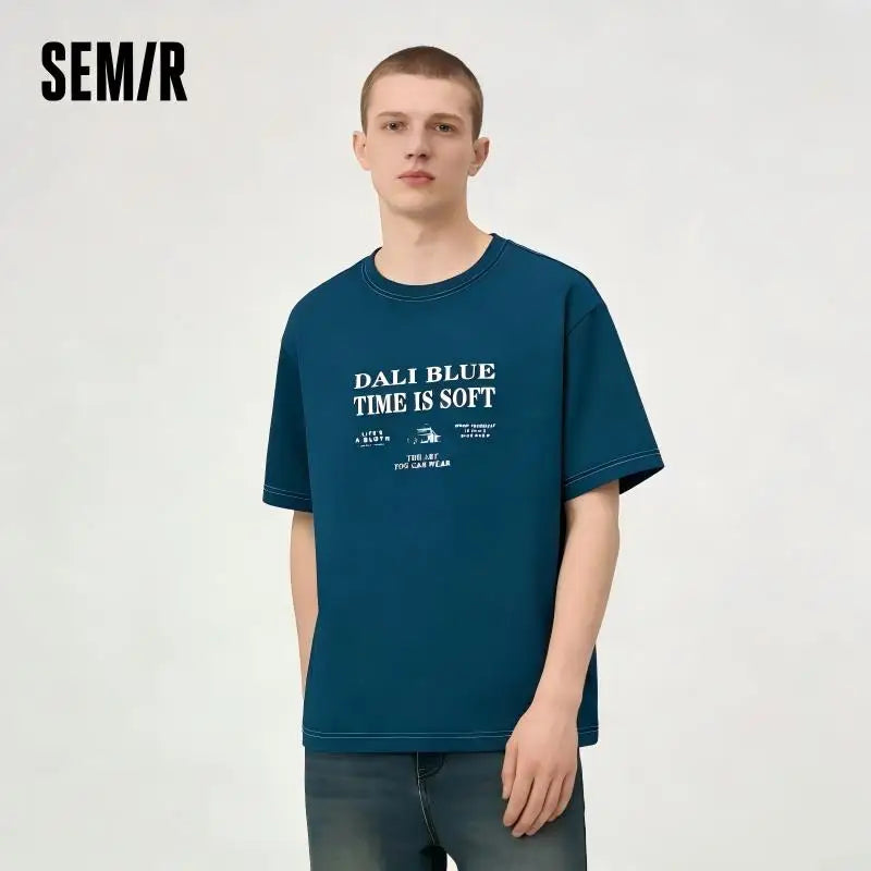 Semir Mens Tshirt 2026 Pure Cotton Letter Printed Knitted Loose Crew Neck Casual Style Soft Daily Wear