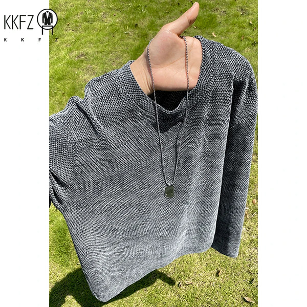 Male Street Fashion Long Sleeve Knit Shirt Crew Neck Vintage Washed Dye Gradient Texture For Outdoor Hangout Wear
