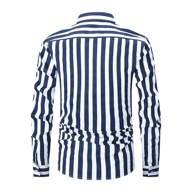 Men's Long-sleeve Shirt with Black Stripes, White Single-breasted Button-down Shirts, Business-casual Top.