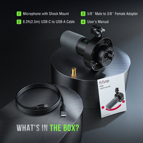 មីក្រូហ្វូនឌីណាមិក FIFINE USB/XLR ជាមួយនឹង Shock Mount, Touch-Mute, រន្ធដោតកាស និងការគ្រប់គ្រងកម្រិតសំឡេង, សម្រាប់ថតសំឡេងលើកុំព្យូទ័រ ឬកាតសំឡេង - K688