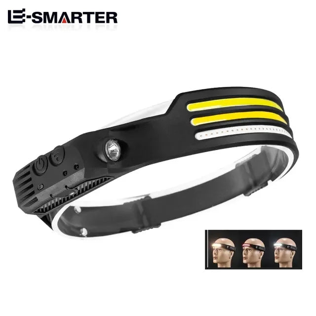 ពិលក្បាលដែលអាចសាកបានដោយ USB ចង្កៀងមុខប្រភេទ Induction COB LED ចង្កៀងក្បាលប្រភេទ Sensor មានថ្មភ្ជាប់មកស្រាប់ ពិលភ្លើង 5 របៀបបំភ្លឺ ចង្កៀងមុខ