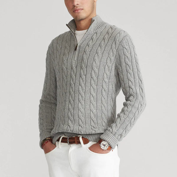 Men's Cable Knit Half Zip Sweater Fall Winter Warm High Neck Pullover 100% Cotton Stretch Knitwear