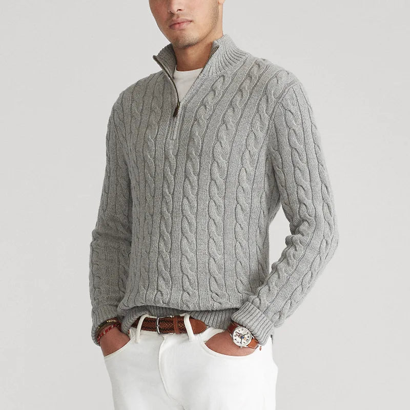 Men's Cable Knit Half Zip Sweater Fall Winter Warm High Neck Pullover 100% Cotton Stretch Knitwear