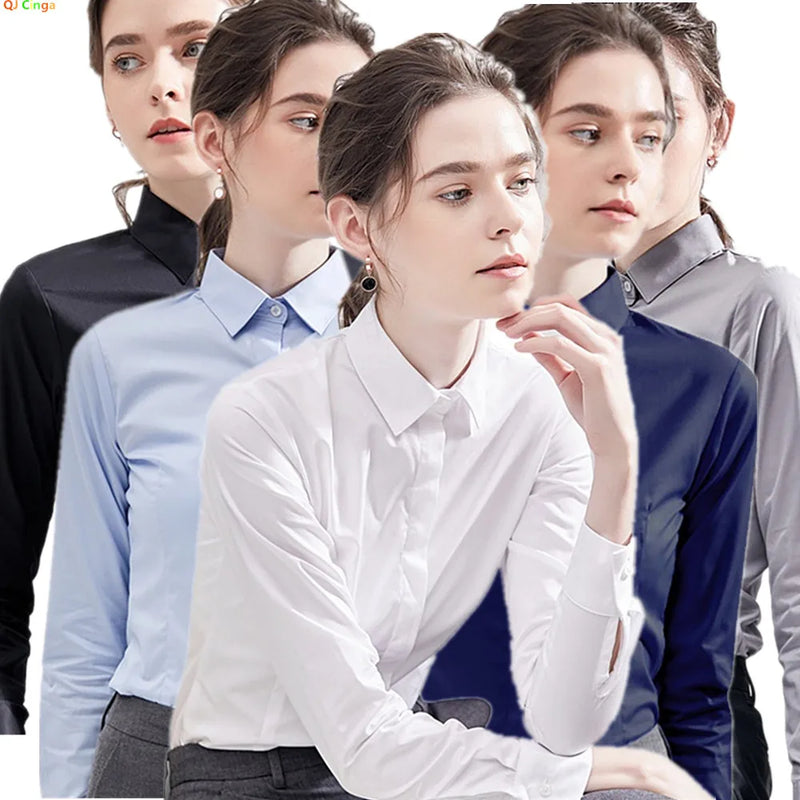 Women's White Collared Long-Sleeved Shirt, Solid Color Business/Office Non-Iron Wrinkle-Resistant Shirts. Black, Gray, Blue Tops