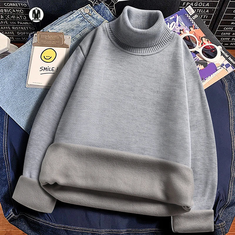 Winter Thermal Base Layer Men High Collar Knitted Pullover Full Fleece Lined Soft Long Sleeve Daily Commute Sweater
