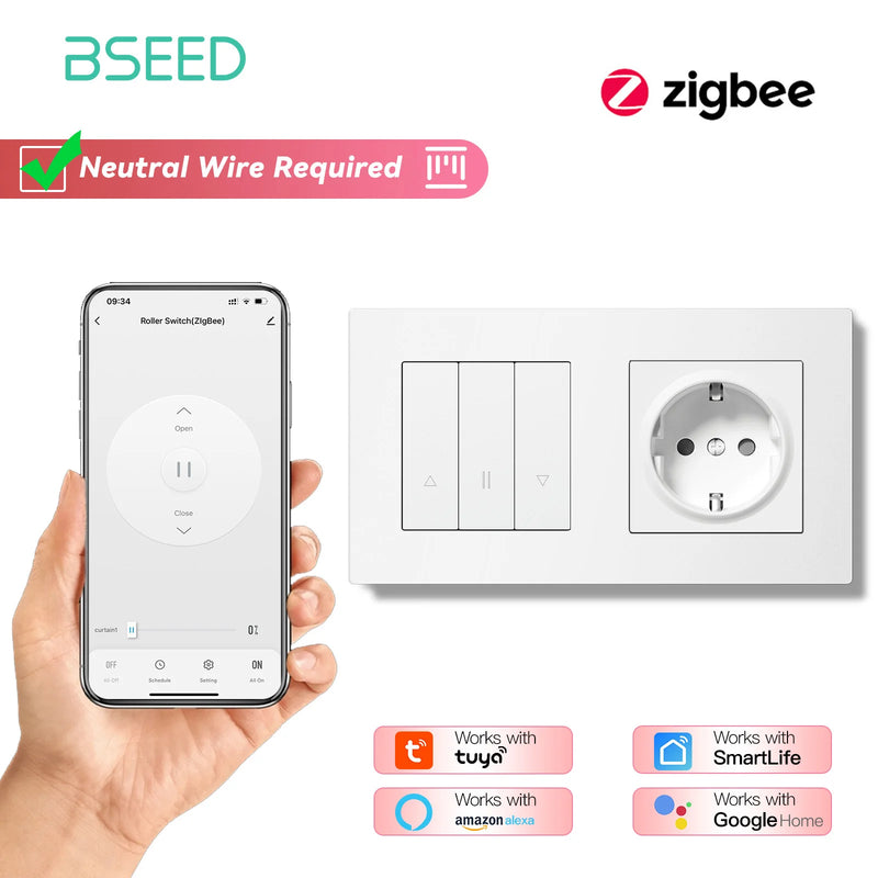 BSEED E Series Zigbee Shutter Switch Smart Click Button Switch for Blinds Plastic Frame Support Tuya Smart Life Alexa Control