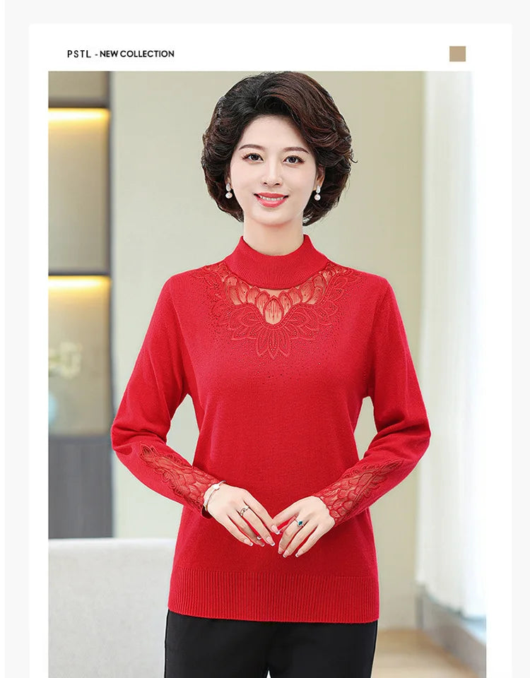 Turtleneck Warm Long Sleeve Knitwear Tops Spring Autumn Woman Clothing Middle Aged Mother Sweater Basic Wear Pullover Shirt