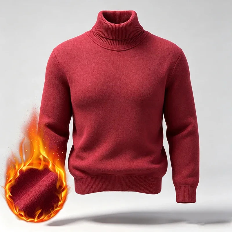 Men Fleece Lined Turtleneck Knit Sweater Ribbed Cuff Thermal Pullover For Winter Urban Daily Commute And Street Casual Outfits