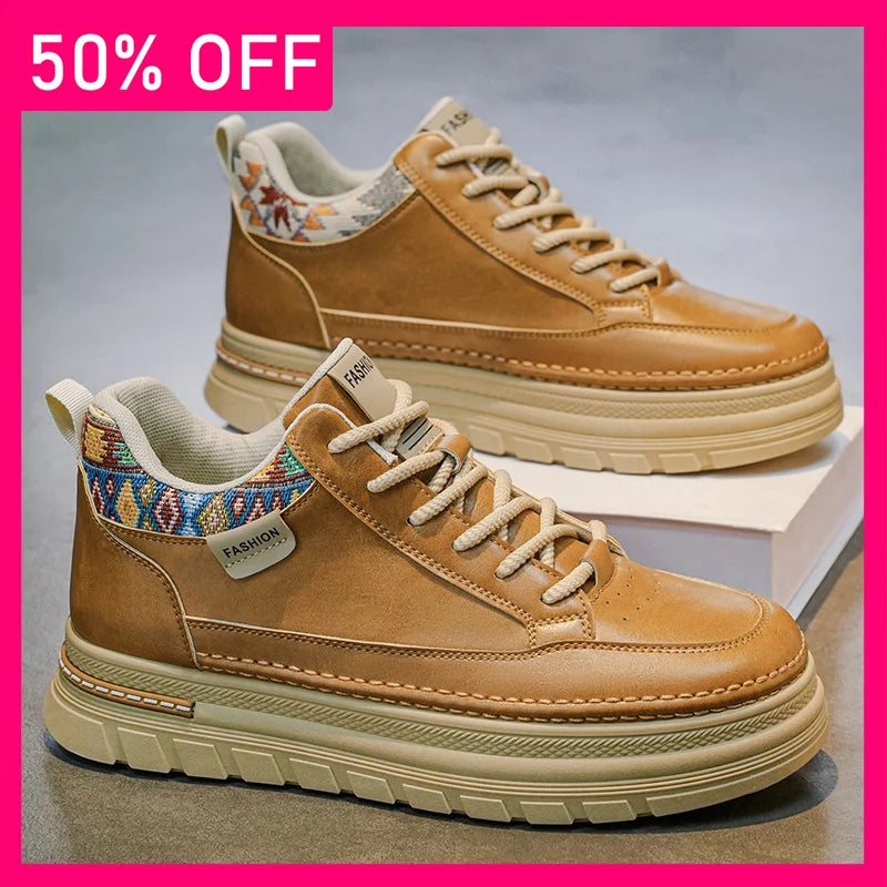 Men Sports Shoes Thick Soles Anti Slip Wear-resistant Retro Leather Breathable Fashionable Versatile Street Sports Walking Shoes
