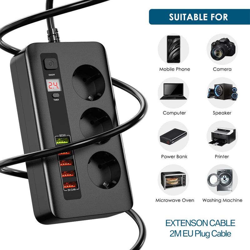 រន្ធដោតភ្លើងឆ្លាតវៃ 2500W រន្ធដោតបន្ថែមជាមួយកុងតាក់ ឧបករណ៍ការពារការកើនឡើងនៃចរន្តអគ្គិសនី ឌុយ EU រន្ធដោត AC 3 រន្ធ USB 5 ប្រវែង 2 ម៉ែត្រ