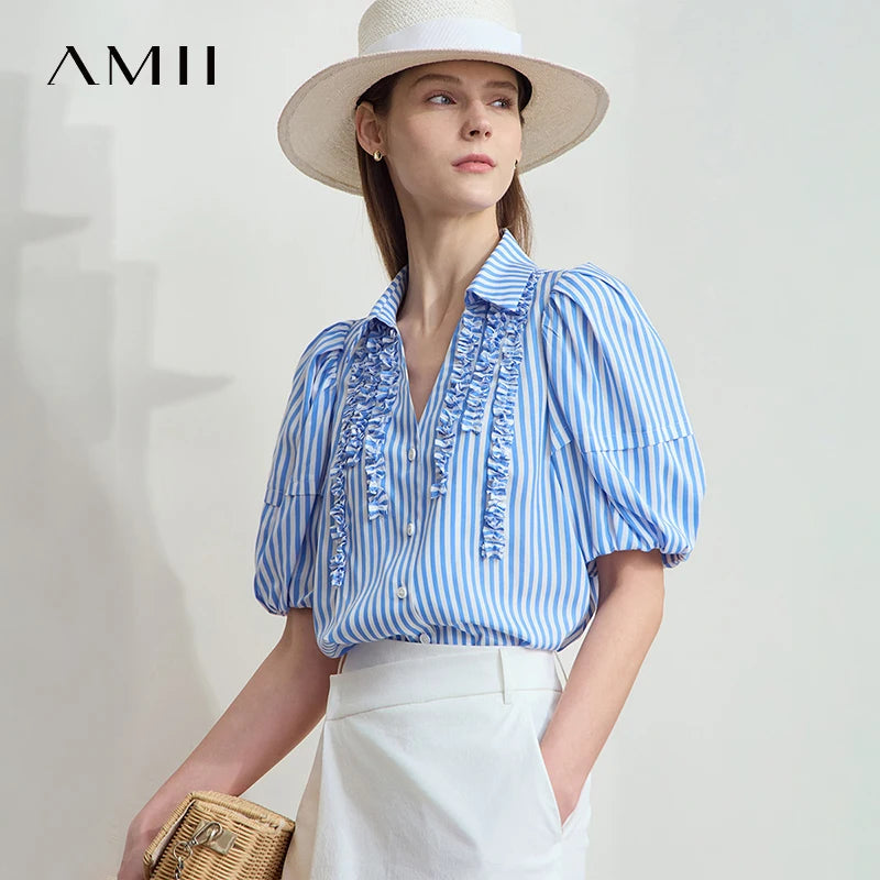 អាវ Amii Minimalist ស្ទីលរដូវក្តៅថ្មីឆ្នាំ ២០២៥ សម្រាប់ស្ត្រី កអាវបត់ចុះក្រោម ក V ដៃអាវពណ៌ខៀវ ស ឆ្នូត 12542087