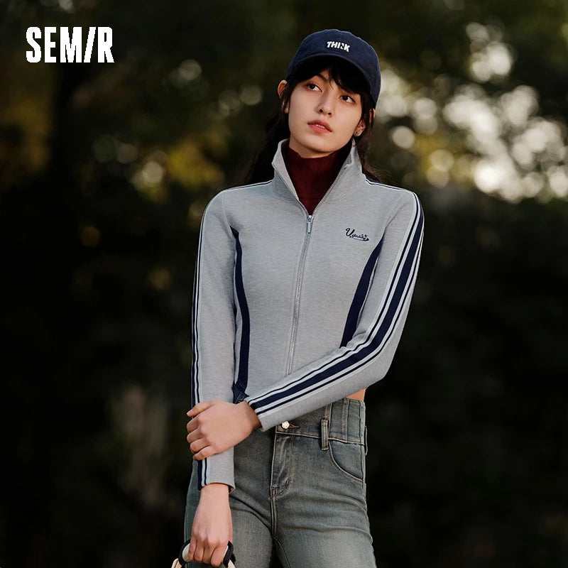 Semir Short Jacket ColorBlock Fitted Coat Women Spring 2025 StandCollar Slim Sport Trend