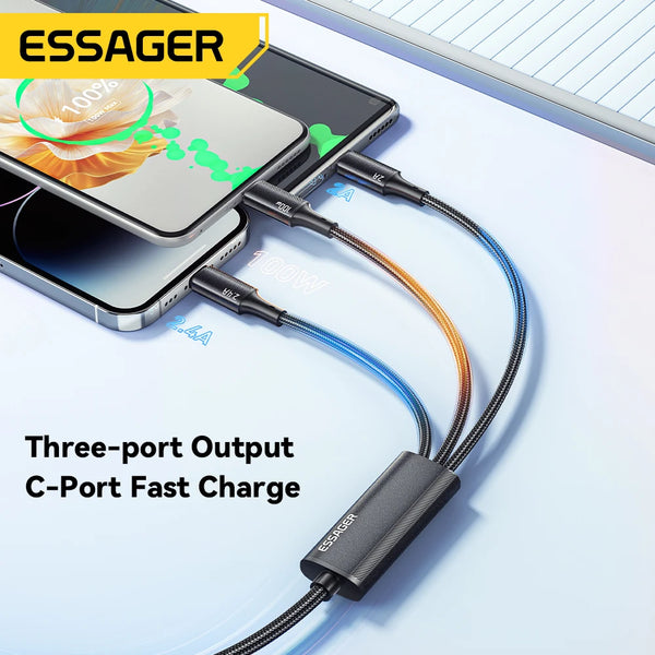 ខ្សែ Essager 100W USB C ទៅ Type C ទៅ Lighting PD Fast Charger Data 3 in 1 ខ្សែសាកលឿនសម្រាប់ Macbook iPhone Samsung Xiaomi
