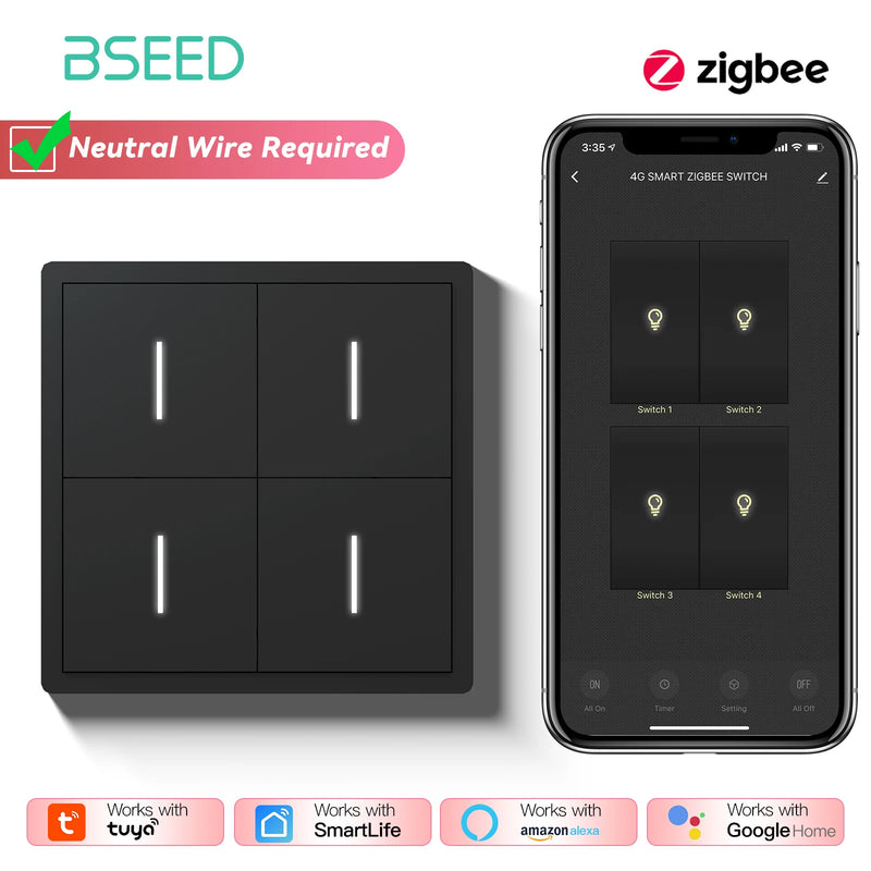BSEED Zigbee Button Switch 1/2/3/4Gang 2Way Smart EU Socket Plastic Panel Smart Click Switch Tuya Smart Life Alexa Voice Control