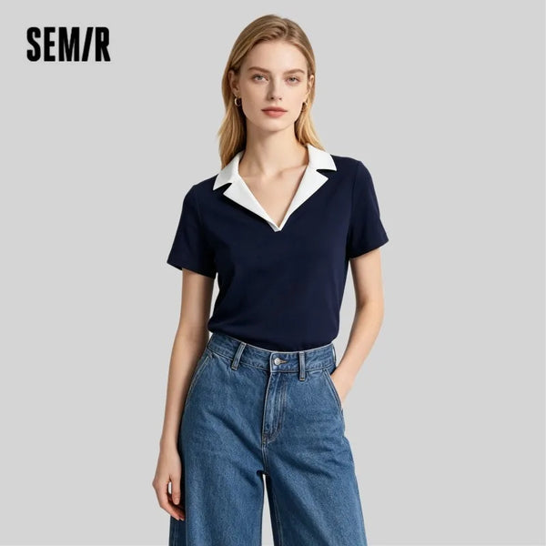 អាវប៉ូឡូខ្លី Semir សម្រាប់នារី 2026 ស្ទីលឡូយៗ មានអារម្មណ៍ត្រជាក់ បែបប្លុកពណ៌ ស្លីម សម្រាប់ធ្វើដំណើរ ស្ទីលធម្មតា