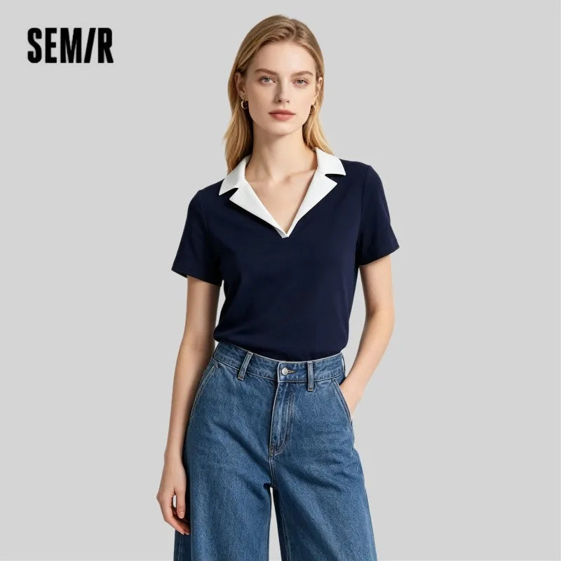 Semir Womens Polo 2026 Short Style Cool Feeling Color Block Lapel Slim Commute Style Casual