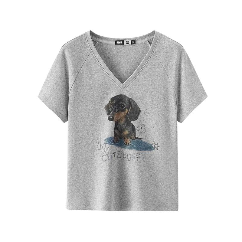Semir Womens Tshirt 2026 Short Raglan Sleeve Slim V Neck Dog Cute Fashion Casual Daily Wear