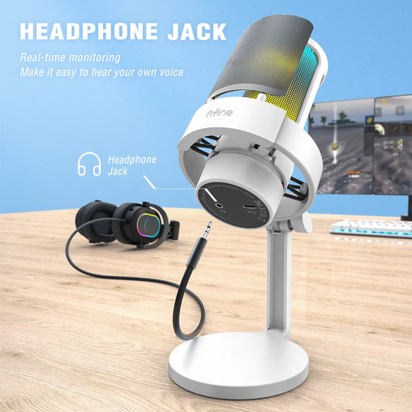 មីក្រូហ្វូន USB FIFINE សម្រាប់ថត និងផ្សាយលើកុំព្យូទ័រ និង Mac, រន្ធដោតកាស និងប៊ូតុងបិទសំឡេង, មីក្រូហ្វូនមាន 3 របៀប RGB -A8
