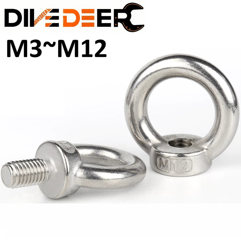 DIVEDEER 1-2Pcs M3 M4 M5 M6 M8 M10 M12 Lifting Eye Nuts/ Screw 304 Stainless Steel Ring Eyebolt Ring Hooking Nut Screws