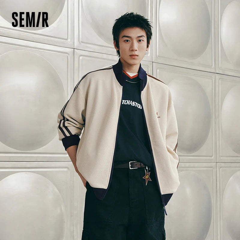Semir Men Jacket Track Stripe Colorblock Letter Embroidery Loose Stand Collar Casual Autumn Outerwear Daily Wear 2026