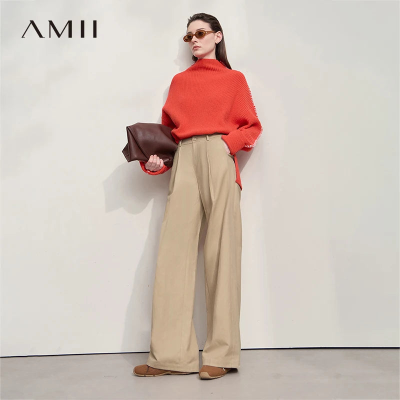 ខោ AMII សម្រាប់នារីធម្មតា រដូវស្លឹកឈើជ្រុះ ឆ្នាំ២០២៥ កប្បាសឆើតឆាយ សាមញ្ញ រលុង ចង្កេះខ្ពស់ ខោជើងវែងបត់ សម្លៀកបំពាក់នារីការិយាល័យ 12553020