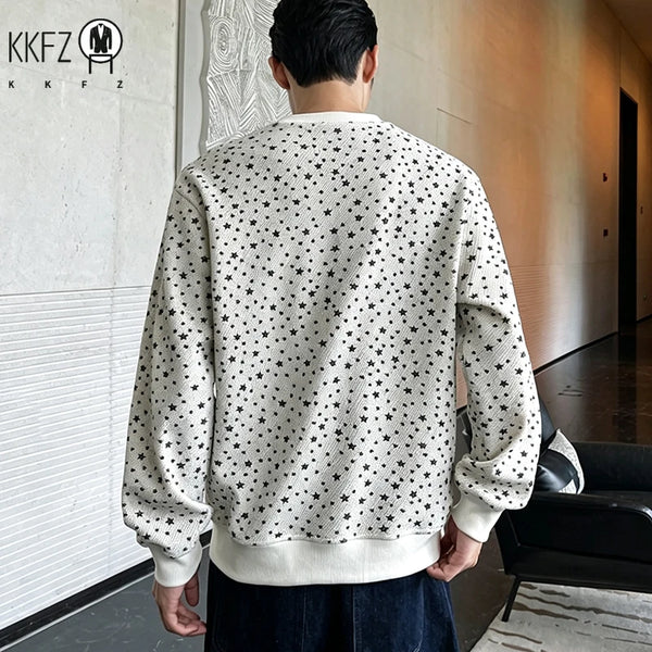 Mens Casual Loose Long Sleeve Pullover Top Crew Neck Star Allover Print Sweatshirt Soft Fabric Daily Wear