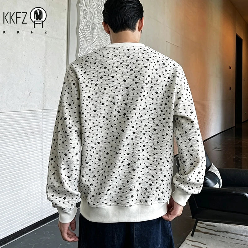 Mens Long Sleeve Crew Neck Star Print Pullover Soft Fleece Relaxed Fit Fabric Casual Street Top For Autumn