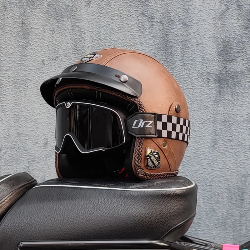 Motorcycle retro helmet PU leather 3/4 scooter half helmet couple helmet DOT approved M-XXL