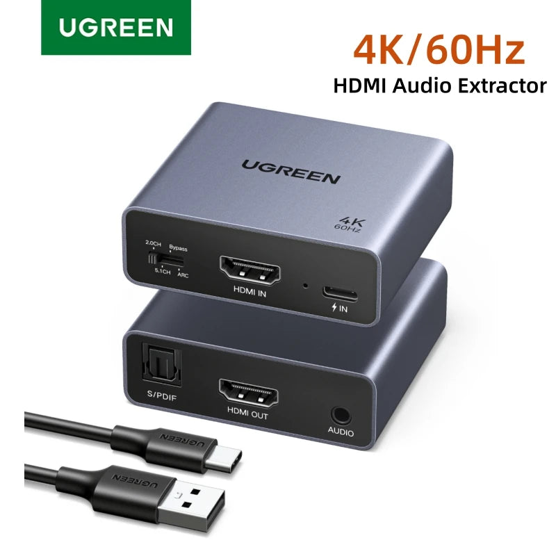 UGREEN HDMI Audio Extractor Splitter 4K 60Hz Optical Toslink 3.5mm Audio Output Power Supply Dual Switch Space Gray Aluminum She