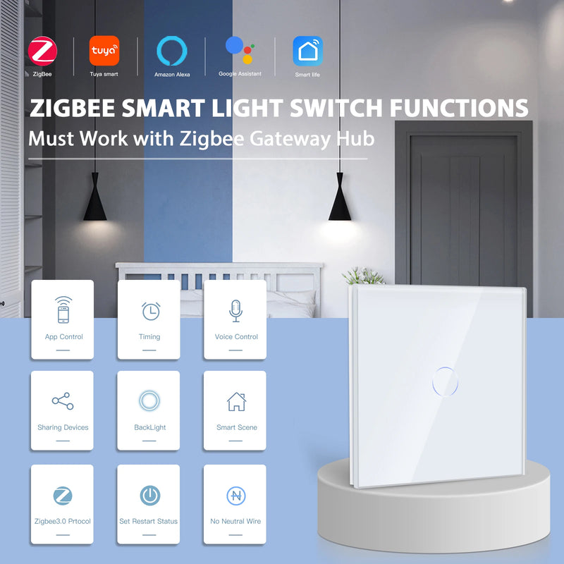 BSEED 1/2/3Gang Zigbee Touch Switch Wall Light Switch With Smart EU Socket Support Google Alexa Tuya Control No Neutral Line