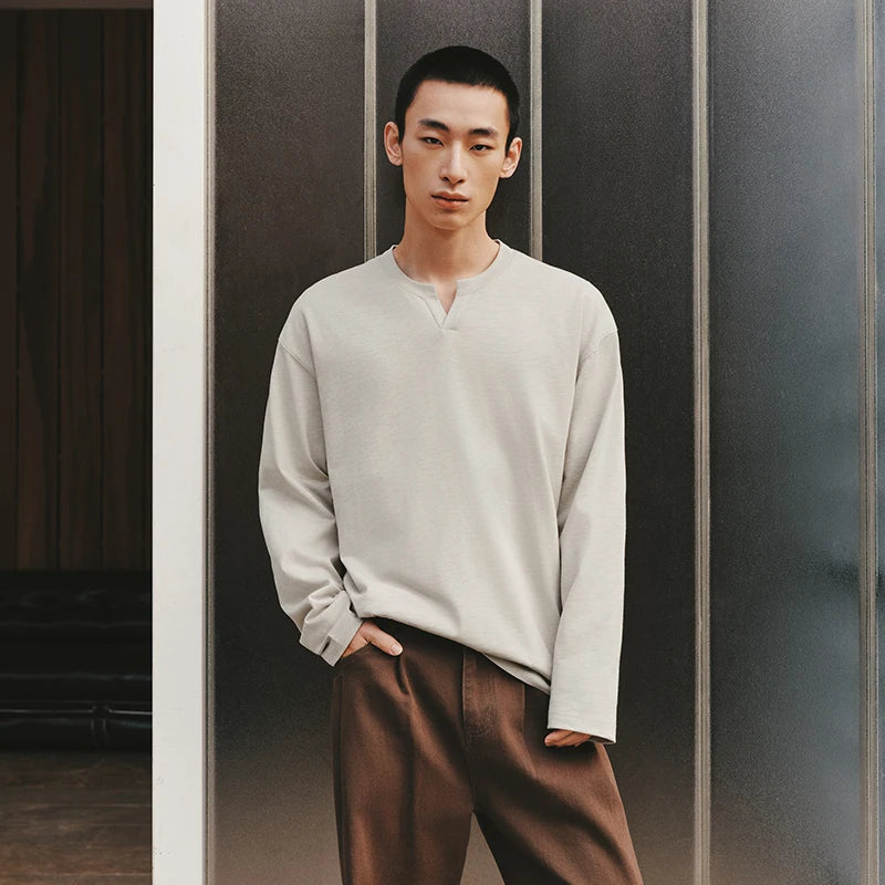 Semir Versatile Tshirt Men 2026 Spring Solid Color Small V Neck Loose Commute Basic Casual Comfortable Inner Layer Top