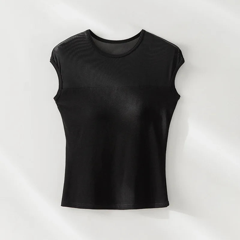 Mesh Splicing Fixed Breast Pad T-shirt for Women's Summer Slim Short-sleeved Bra Sleepwear Top One Piece Nightwear Pajamas