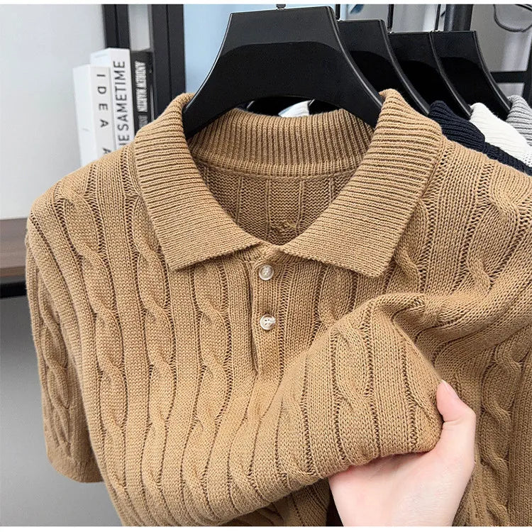 Men's Vintage Cable Knit Short Sleeve Polo Sweater 100% Cotton Retro Turn-down Collar Casual Pullover