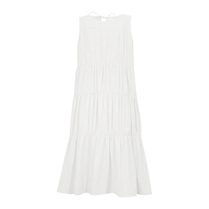 Amii 100% Cotton Women Dress 2026 Summer New Round Neck Sleeveless Back Tie Casual Vacation Style A-Line Midi Dress 12642110
